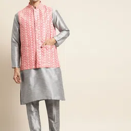 SOJANYA Men Grey & Pink Kurta with Pyjamas & Embroidered Nehru Jacket-picture-11