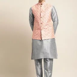 SOJANYA Men Grey & Peach-Coloured Kurta with Pyjamas & Embroidered Nehru Jacket-4