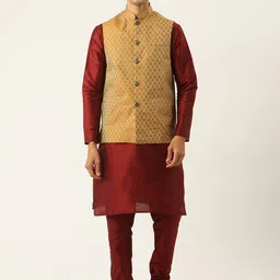 SOJANYA Men Maroon & Mustard Yellow Solid Kurta with Churidar & Nehru Jacket-39