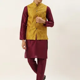 SOJANYA Men Maroon & Mustard Yellow Kurta with Churidar And Nehru Jacket-picture-29