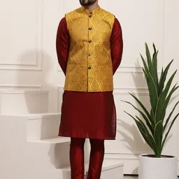 SOJANYA Band Collar Straight Kurta & Churidar with Nehru Jacket-picture-46