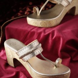 House of Pataudi Women Gold-Toned Braided Detail Handcrafted One-Toe Block Heels-55