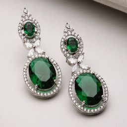 ZENEME Rhodium-Plated American Diamond studded Oval Shaped Drop Earrings-18