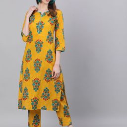 antaran Women Mustard Yellow Floral Printed Pure Cotton Kurta with Trousers-image-58