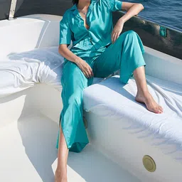 Sweet Dreams Blue Lapel Collar Satin Night suit-image-18