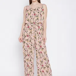 Ruhaans Women Peach-Coloured & Green Floral Printed Jumpsuit-21