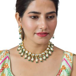 ROHINIKA Women Green Gold-Plated Green & White Kundan-Studded & Pearl Jewellery Set-image-39
