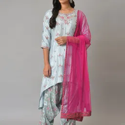 W Festive Floral Print Rayon Kurta With Drape Pant & Dupatta-picture-20