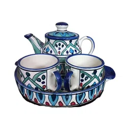 INDIA MEETS INDIA White & Blue Printed Ceramic Glossy Kettle Set-29
