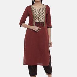 RANGMANCH BY PANTALOONS Women Rust & Brown Ethnic Motifs Embroidered Pure Cotton KurtaSet-picture-15