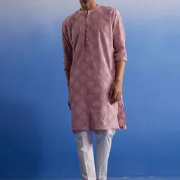 SHVAAS by VASTRAMAY Men Schiffli Embroidered Cotton Kurta With Elasticated Pyjama-image-97