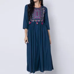 KIMAYRA Women Blue Geometric Embroidered Keyhole Neck Flared Sleeves Thread Work Anarkali Kurta-picture-46