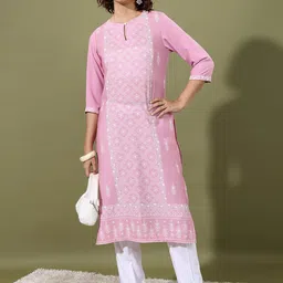 Vishudh Pink Floral Printed Keyhole Neck Straight Kurta-picture-52