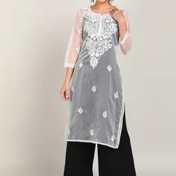 VAHSON Floral Embroidered Chikankari Organza Straight Kurta-47