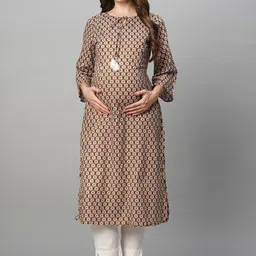 MomToBe Ethnic Motifs Printed Keyhole Neck Thread Work Maternity Kurta-picture-51