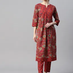 Indibelle Floral Printed Pleated Cotton Straight Kurta-26
