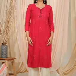 Ode by House of Pataudi Floral Embroidered Tie-Up Neck Thread Work Straight Kurta-51