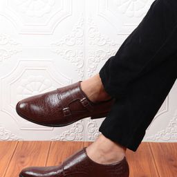 FAUSTO Men Brown Textured PU Double Strap Shoes With TPR Welted Sole Monks-picture-35