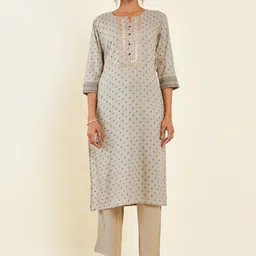 Soch Grey & Brown Printed Pure Cotton Kurta With Trousers & Dupatta-0
