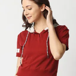 Pepe Jeans Women Red & Off White Hood Neck Applique T-shirt-image-59