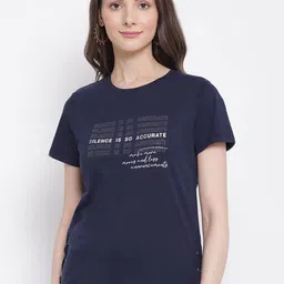 Cantabil Women Navy Blue Typography Printed T-shirt-picture-23