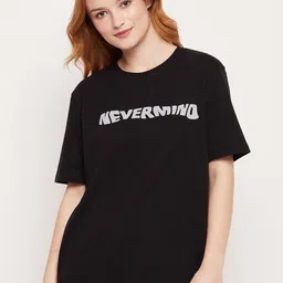 Mast & Harbour Black Typography Printed Pure Cotton Oversized T-shirt-picture-46