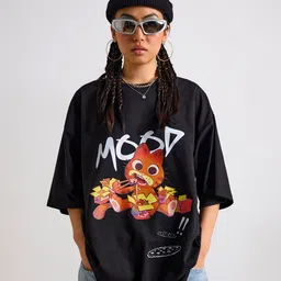 THE CLOTHING FACTORY Graphic Garfield Printed Cotton Oversized Round Neck T-shirt-picture-50