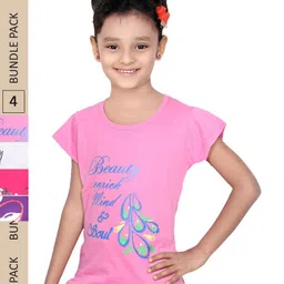 IndiWeaves Girls Pack Of 4 Printed Knitted Pure Cotton T-Shirts-image-21