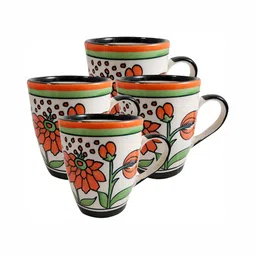 INDIA MEETS INDIA Orange & White 4 Pieces Printed Glossy Finish Ceramic Mugs 250 ml Each-image-10