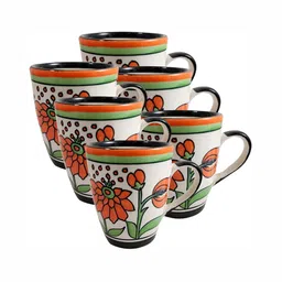 INDIA MEETS INDIA Orange & Green 6 Pieces Ceramic Glossy Cups Set 250 ml Each-image-9