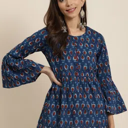 YASH GALLERY Navy Blue & Maroon Printed Bell Sleeves Pure Cotton A-Line Fusion Top-16