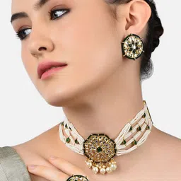 Zaveri Pearls Gold-Plated Green & White Kundan-Studded & Beaded Traditional Choker Jewellery Set-picture-26