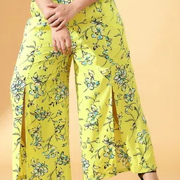CURVE BY KASSUALLY Women Yellow & Black Floral Printed Flared Pleated Parallel Trousers-13