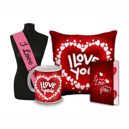 ME & YOU Pink & Red 4 Pieces Printed Cushion With Filler Sashe Mug & Card Valentine's Gift-image-67