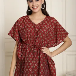 Aawari Maroon Floral Print Extended Sleeves Pure Silk Cinched Waist Top-image-58