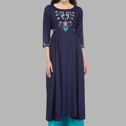 Bitterlime Women Navy Blue & Pink Floral Yoke Design Thread Work Anarkali Kurta-picture-24