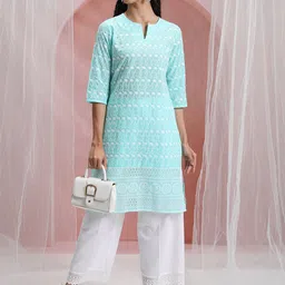 Vishudh Blue & White Floral Embroidered Round Notched Neck Straight Kurta-picture-49