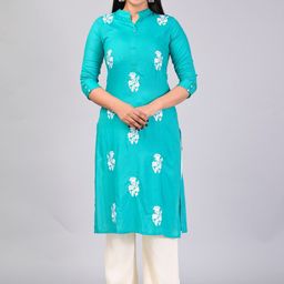 MAUKA Floral Embroidered Mandarin Collar Regular Thread Work Kurta with Palazzos-image-77