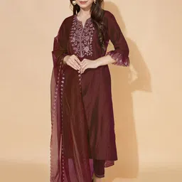 KALINI Ethnic Motifs Embroidered Thread Work Kurta & Trousers With Dupatta-picture-57