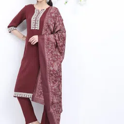 KETCH Ethnic Motifs Yoke Design Regular Thread Work Kurta With Trousers & Dupatta-5