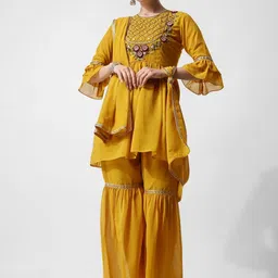 KALINI Ethnic Motifs Embroidered Pleated Beads and Stones Kurta & Sharara With Dupatta-image-6