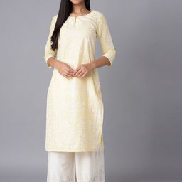 W Women Yellow Ethnic Motifs Thread Work Kurta-43
