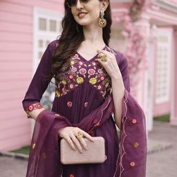 Berrylicious Floral Embroidered Thread Work Pure Silk Kurta With Trousers & Dupatta-image-58