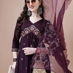 Berrylicious Floral Embroidered Thread Work Pure Silk Kurta With Trousers & Dupatta-image-83