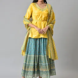 AURELIA Women Yellow Floral Printed Kurti with Skirt & With Dupatta-image-100
