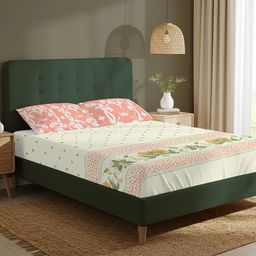 URBAN SPACE Green & Peach-Coloured Floral 200 TC King Bedsheet with 2 Pillow Covers-picture-2