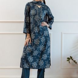 Sangria Floral Printed Notch Neck Mirror Work Modal Muslin Kurta & Trousers With Dupatta-image-50