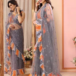 Peachmode Embellished Mirror Work Net Saree image 2