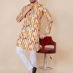 ALMORA Ethnic Motifs Printed Band Collar Straight Pure Cotton Kurta with Pyjamas-image-65
