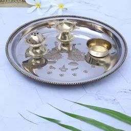 Two Moustaches 4Pcs Laxmi Ganesha Engraved Stainless Steel Pooja Thali Set-image-73